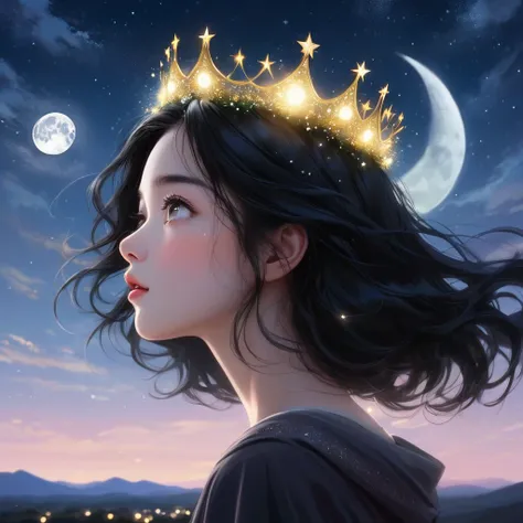 universe (sky), girl in the center, con brillo estrellas en el sky, evening, 1 black hair girl with crown,evening sky, Alone, outdoor,, wide, looking at the moon in profile,moon