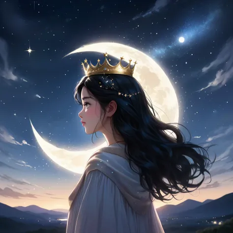 universe (sky), girl in the center, con brillo estrellas en el sky, evening, 1 black hair girl with crown,evening sky, Alone, outdoor,, wide, looking at the moon in profile,moon