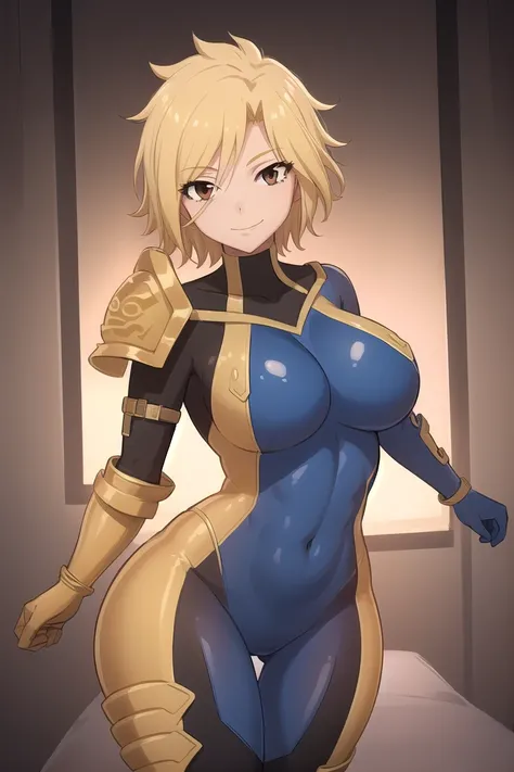 1girl, solo, dimaria, short hair, blonde hair, brown eyes, bodysuit, pauldron, shoulder pads, shoulder armor, boots, skin tight, covered navel, large breasts, light smile, close up, big breasts, room, breasts bouncing