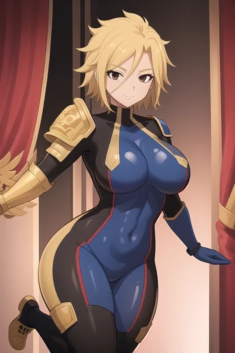 1girl, solo, dimaria, short hair, blonde hair, brown eyes, bodysuit, pauldron, shoulder pads, shoulder armor, boots, skin tight, covered navel, large breasts, light smile, close up, big breasts, room, breasts bouncing