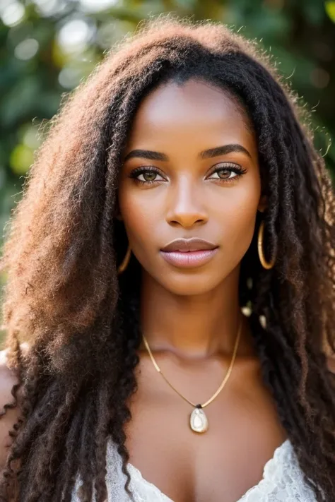 Belle jeune fille africaine, avec un profil de face et un regard droit et perçant, de longs cheveux bouclés tombant en cascade sur ses épaules, yeux bruns radieux, orné de bijoux en or, réaliste, peau très détaillée avec des pores visibles et une peau douc...