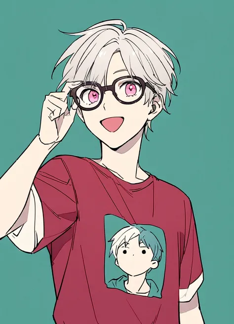 Create an anime-style illustration of a teenage boy. The boy should have a cheerful expression with an open mouth, similar to the girl in the reference image. He should have short, light-colored hair with a darker underlayer. The boy should wear glasses wi...