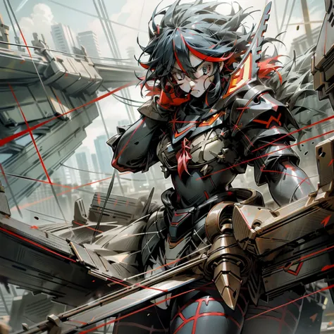 Kill La Kill_Character_Ryuuko, White and Dark Red Captain outfit with a wide and large cuirass, styled in heavy Gundam armor and Officer-style outfit (Extremely Bulky Armor), standing in large central room, city destroyed, detailed eyes, mouth, nose, artwo...