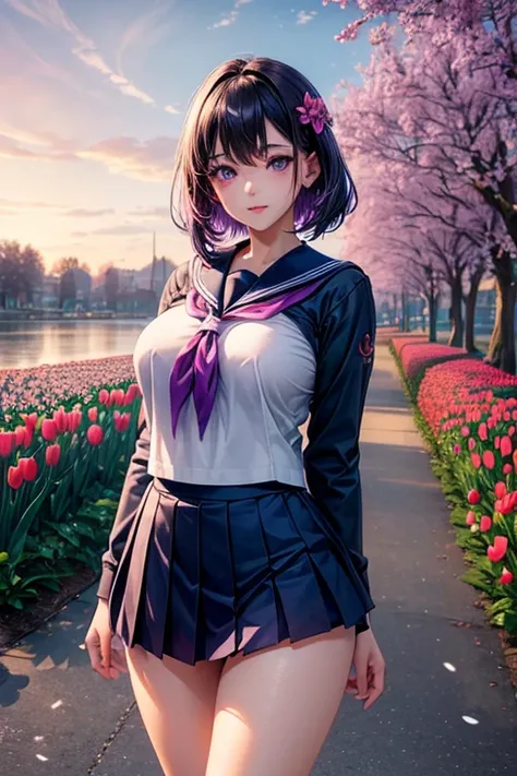 1female,  30 years old,  Woman Party,  MILF,  plumwm,  extremely large bosom,  solo,     ( Background with:Flower lake, tulip garden)   standing on your feet,  She has short purple hair ,   seen from the front,  , Bright sky ,    (  ( tmaspiece)   ,  (Very...