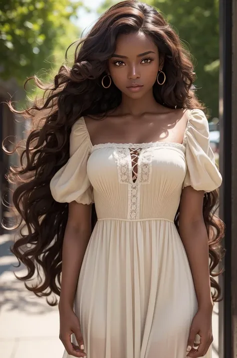 Generate the image of a woman with dark skin, with curly, voluminous brown hair and captivating, hungover light eyes. She must be dressed in period costume