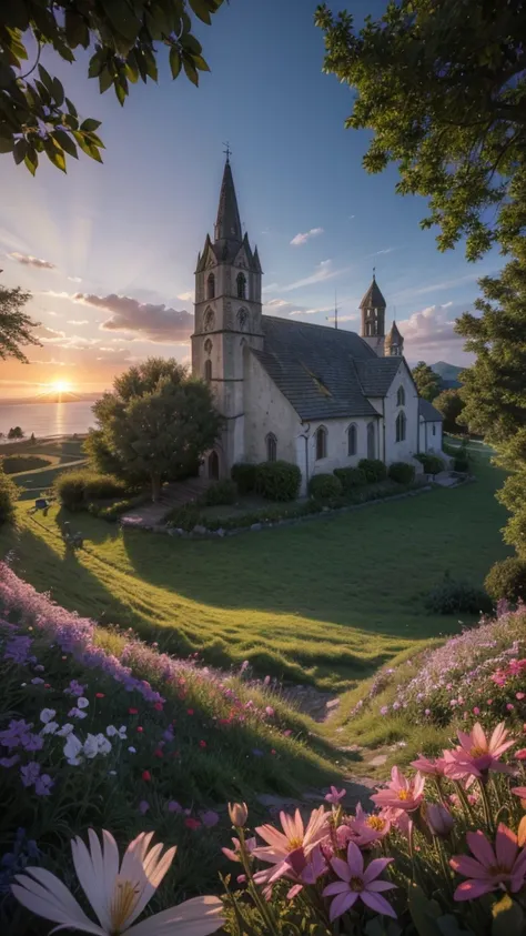 Medieval church with and bell, in a valley of flowers overlooking the sea. Sunset with rays of light and shadow in harmony. Mystic.