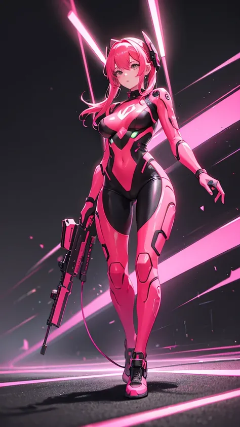 A woman in neon red and neon pink cybernetic outfit full body