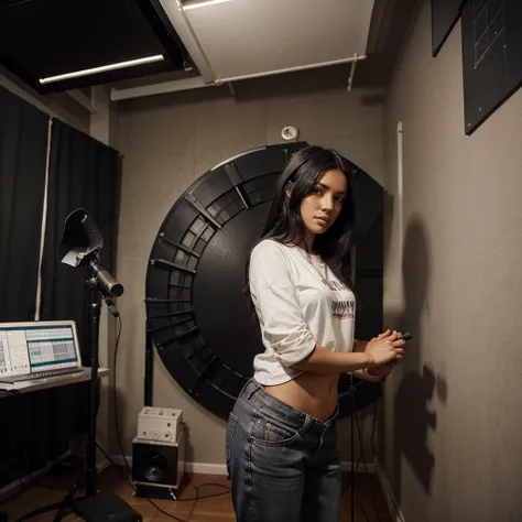 Beautiful black-haired girl in music producer studio, constantly at microphone, ultra realist, Pissing in her pants