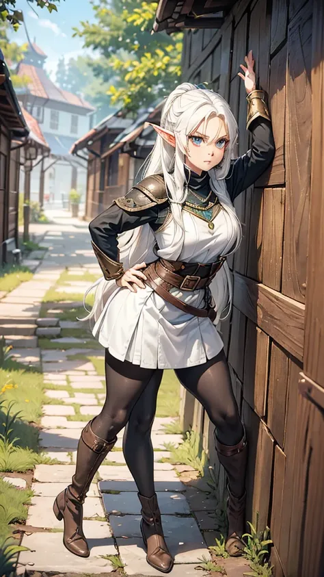 Features: An adventurous elf woman, with elven ears, brown skin, a slightly curvy but still flat body and thin waist. She has bright golden eyes, big eyes, snow white hair, medium length straight hair, twintail hair style, double ponytail hairstyle and cur...