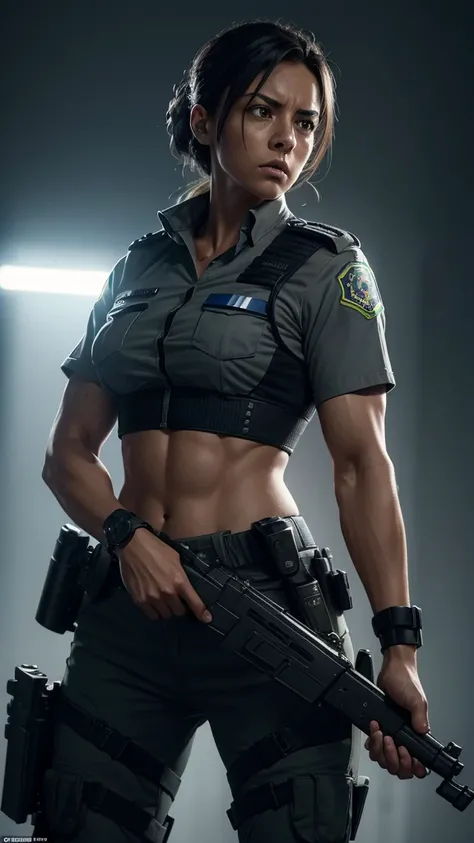 a female police officer in a grey uniform, Brazilian flag on the shoulder, firing a gun, highly detailed, cinematic lighting, dramatic pose, photorealistic, ultra-detailed, 8k, realistic, hyper-realistic, dramatic lighting, dramatic, intense, powerful, str...