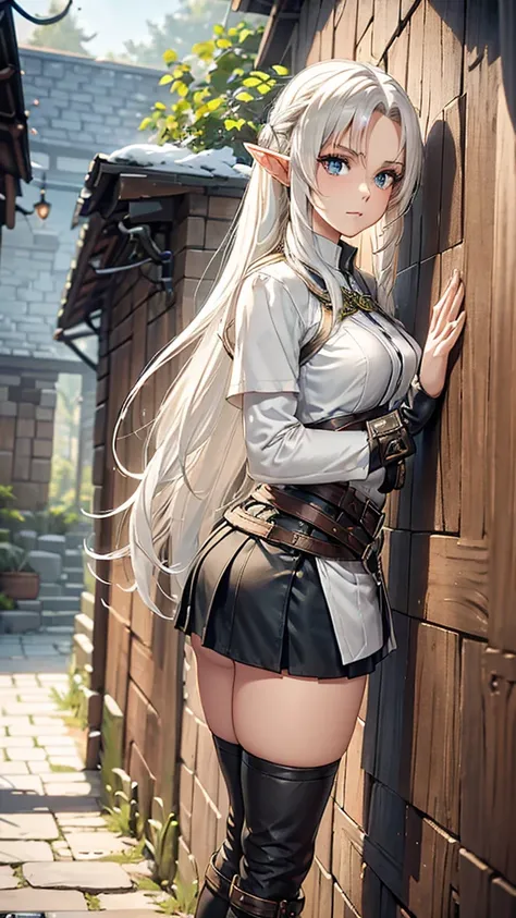 Features: An adventurous elf woman, with elven ears, brown skin, dark skinned, a slightly curvy but still flat body and thin waist. She has bright golden eyes, big eyes, snow white hair, medium length straight hair, twintail hair style, double ponytail hai...