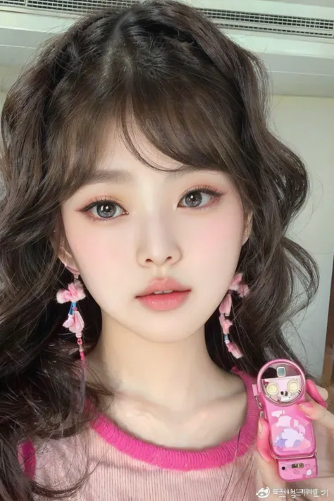 a close up of a person holding a toy and a cell phone, popular south korean makeup, cute natural anime face, ulzzang, popular korean makeup, kawaii realistic portrait, cute kawaii girl, young adorable korean face, clear cute face, girl cute-fine-face, pret...