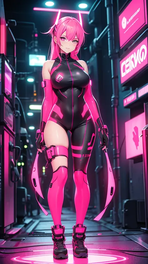 A woman in neon red and neon pink cybernetic outfit full body