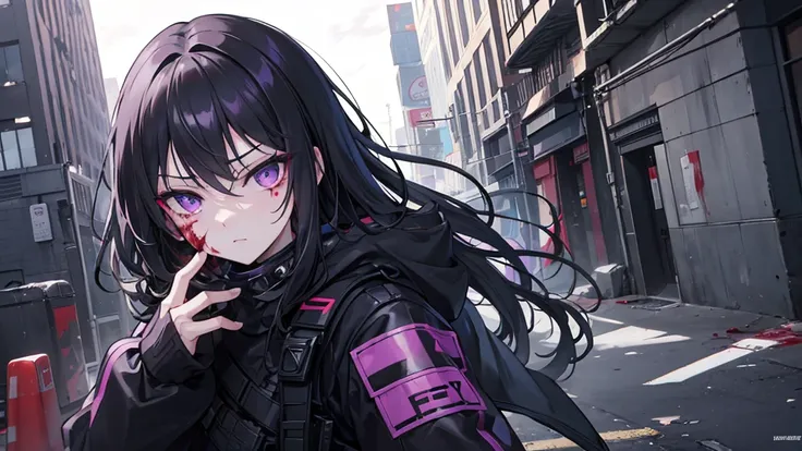 1girl, black long hair, purple eyes, glaring at viewer, wearing tactical gear, urban ruins, absurdres, high res, ultrasharp, 8K, masterpiece, blood on face, grime on face, 5 fingers on each hand, blood on face, grime on face