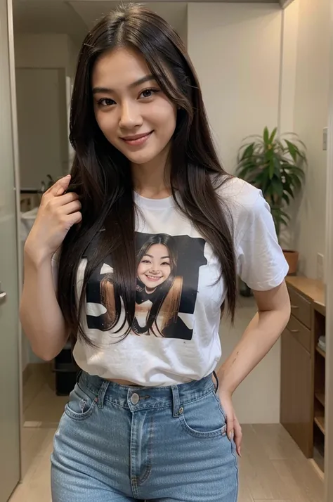 Beautiful Asian woman with long hair, wearing a t-shirt and jeans with a smiling face 