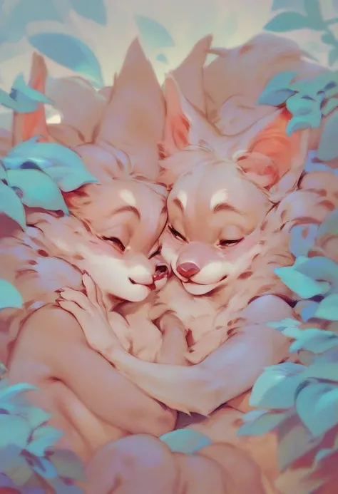 score_9, score_8_up, score_7_up, score_6_up, score_5_up, score_4_up, two cute fluffy cats snuggling up to each other with their shoulders touching, pale pastel colors in the background, like pop art