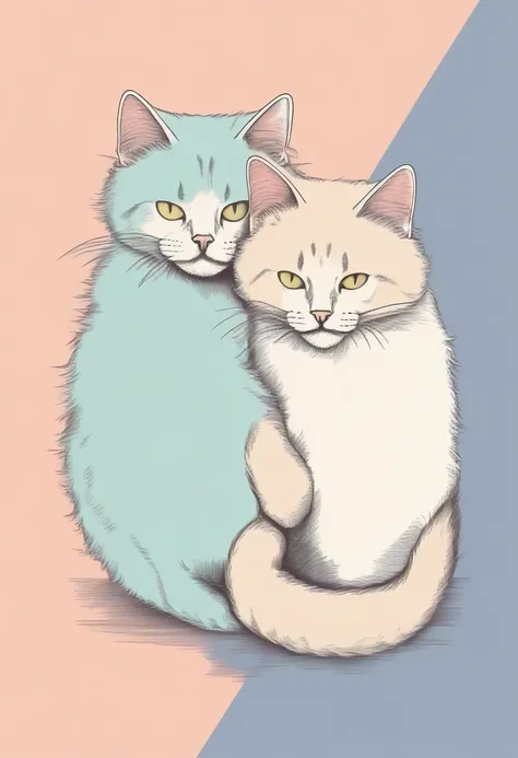 score_9, score_8_up, score_7_up, score_6_up, score_5_up, score_4_up, two cute fluffy cats snuggling up to each other with their shoulders touching, pale pastel colors in the background, like pop art