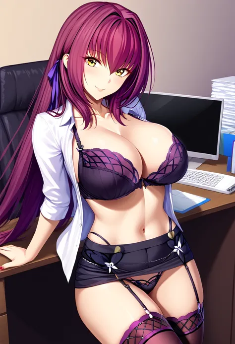 (high quality), black lingerie lace bra, thight stockings, mischievous smile, light blush, looking at viewer, huge breasts, precise hands, sexy pose, scathach, long hair, red hair, (yellow eyes:1.5), white blouse, open blouse, navel, black microskirt, blac...