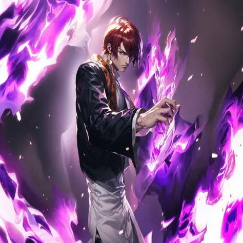 anime, anime, anime art, guy, purple, fire, guy with purple fire, king of fighters style, character from king of fighters, yagami light, as a character in tekken, light yagami, baki style, epic anime style, by Daryush Shokof, fighting game character, shige...