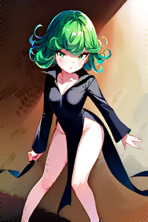 anime girl with green hair and black dress standing in a spotlight