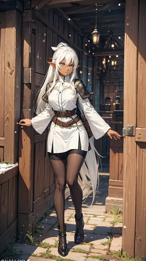 Features: An adventurous elf tennager girl, with elven ears, dark skin, brown skinned, a slightly curvy but still flat body and thin waist. She has bright greeneyes, big eyes, snow white hair, medium length straight hair, twintail hair style, double ponyta...