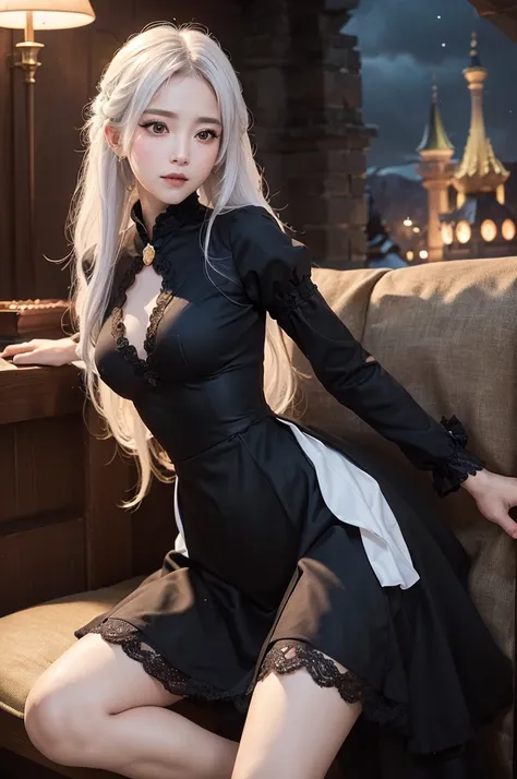 ((masterpiece:1.5,Highest quality,Highly detailed images,Beautiful images、Realistic、Photorealistic、2.5D))(1girl, 独奏)(medium breasts, white hair, black eyes, Healthy legs、Tight ass、Beautiful cleavage)(Fantasy dresses、Fantasy Clothes、Black battle dress、Deep ...