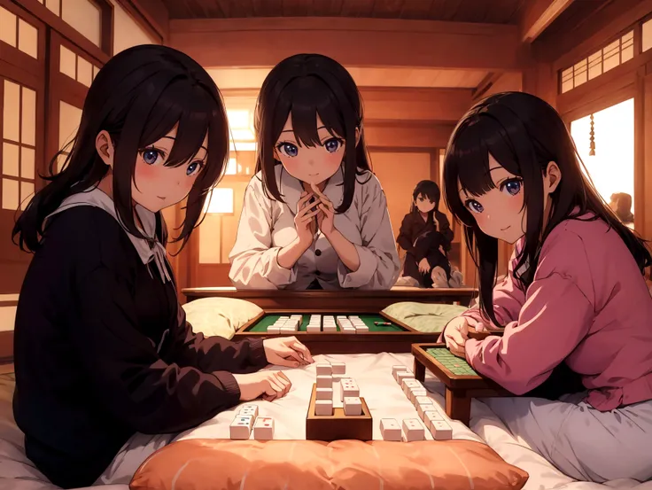 Four girls playing mahjong at the kotatsu