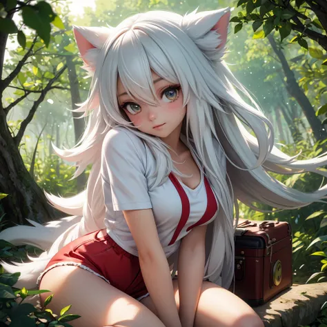 fluffy, white fur, tail, Red elements on fur, Normal breast, nice front view, POV, summer shirt, summer shorts, close-up, Sitting, trees, summer, night, beautiful light and shadows, ambient light, ultra detailed fur, volumetric light