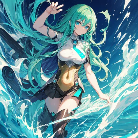 anime one punch man, psykos character, 1 solo woman, psykos has long, wavy hair in a shade of aqua blue., your eyes are emerald ...