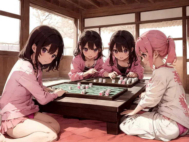 A kotatsu in the middle of the desert、Four girls playing strip mahjong at the kotatsu、A girl in pretty pink underwear、Girl undressing