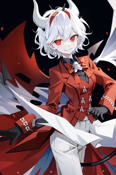 beelzebub(helltaker), freckles, white background, tail, 1girl, pants, suit, cropped legs, looking at viewer, red eyes, demon horns, white hair, vest, shirt, formal, waistcoat, demon tail, smile, earrings, demon girl, red gloves, gloves, jewelry, simple bac...