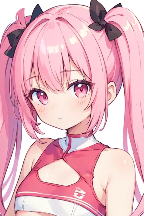 (best quality, masterpiece:1.2), ultra detailed, extremely detailed eyes and face, natural skin texture, detailed skin, natural lighting, chibi, 1 girl, 14-years-old, (cute), twin tails, pink hair, shiny hair, pink eyes, flat chest, BREAK cheerleader, whit...