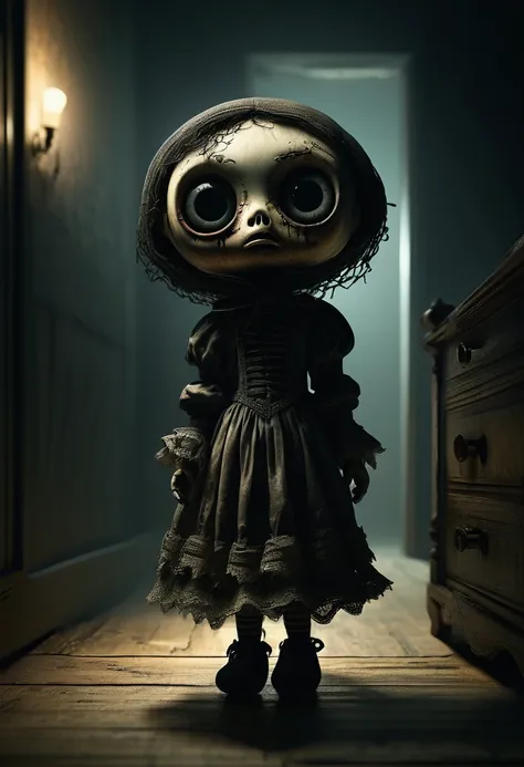 Night room. Creepypasta is a scary entity in the form of a cute, beautiful doll with very large eyes. A creepy look from the shadows. Rembrandts style. (minimalism: 1), high detail, Greg Rutkowski.
