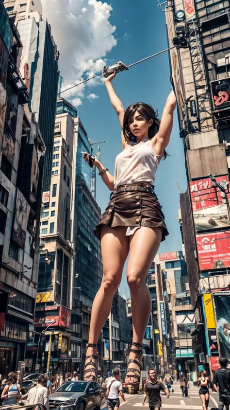 Hyperrealistic version of a woman giant. A giant woman in a bikini lying on top of a cyberpunk city, Little guys running around the giant girl, Standing on her hand, cgsociety 9, fantasy art, engine rendering unreal + a goddess, full body cgsociety, artger...