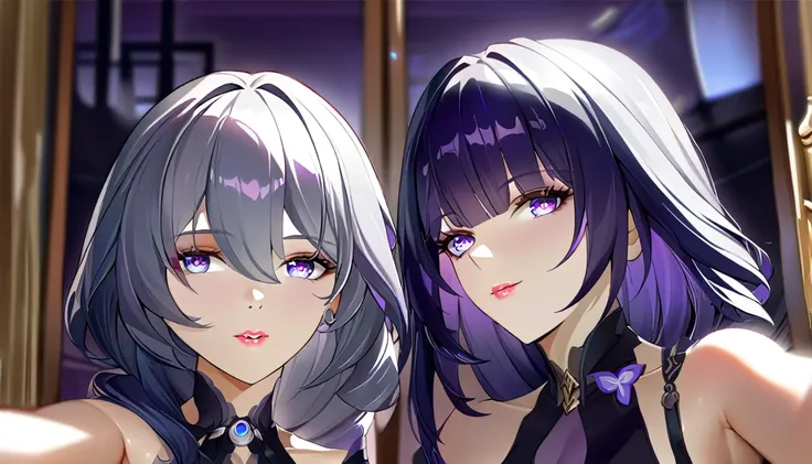 2girls, both from honkai star rail, selfie in mirror, long purple hair, long gray hair, beautiful detailed eyes, beautiful detai...