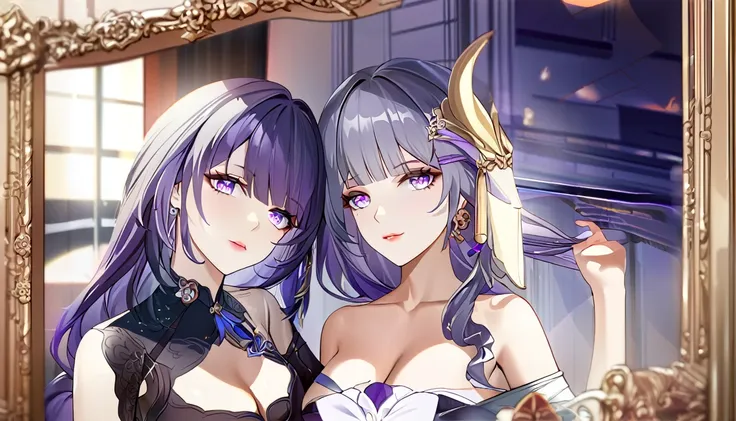 2girls, both from honkai star rail, selfie in mirror, long purple hair, long gray hair, beautiful detailed eyes, beautiful detai...