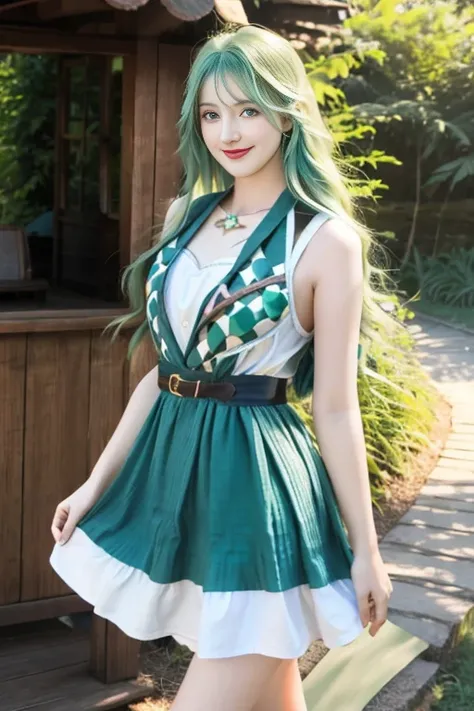 Woman, long green hair, beauty, blue eyes, big breats, sexy, delgada, dress short, legs, escote, smile, in nature