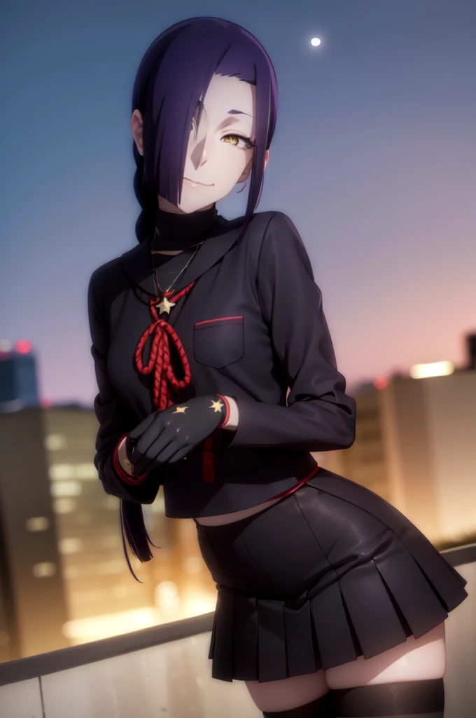 maganechikujouin, magane chikujouin, long hair, purple hair, braid, single braid, (hair over one eye:1.5), (yellow eyes:1.3), sm...