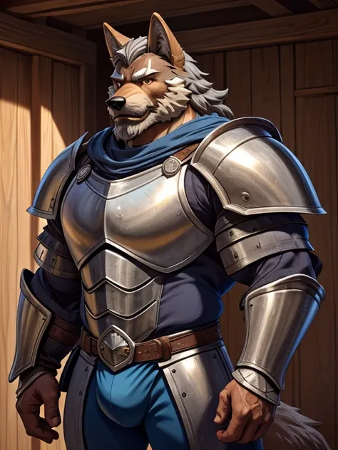 burly virile hairy man, with two wolf ears and a bushy tail, in a suit of armor, middle-aged, hirsute, overmuscular and musclebo...