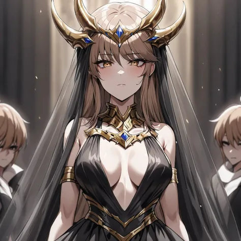 ((Highest quality)), ((masterpiece)), (detailed), （Perfect Face）、The woman is a demon, Princess Leona, the Demon Queen, with medium-long light brown hair. She is wearing a gorgeous black wedding dress decorated with gold and a black wedding veil, and is ge...