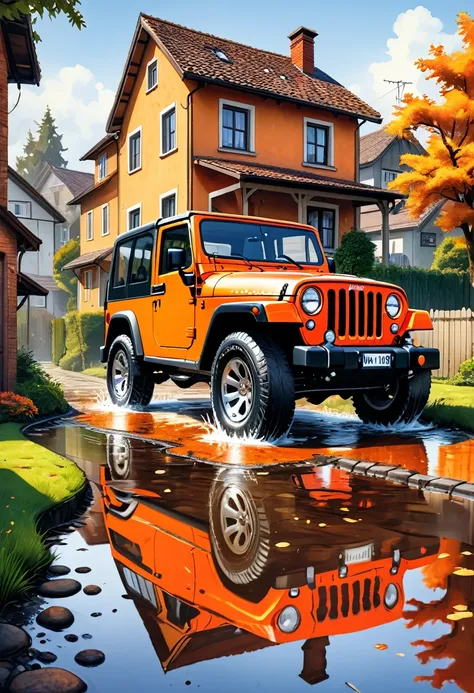 (masterpiece), best quality, hyperrealistic orange jeep parked in a puddle of water next to a house, bussiere rutkowski andreas rocha, wrangler jeep on a street, offroad vehicle, digital painting highly detailed, highly detailed water colour 8k, highly det...