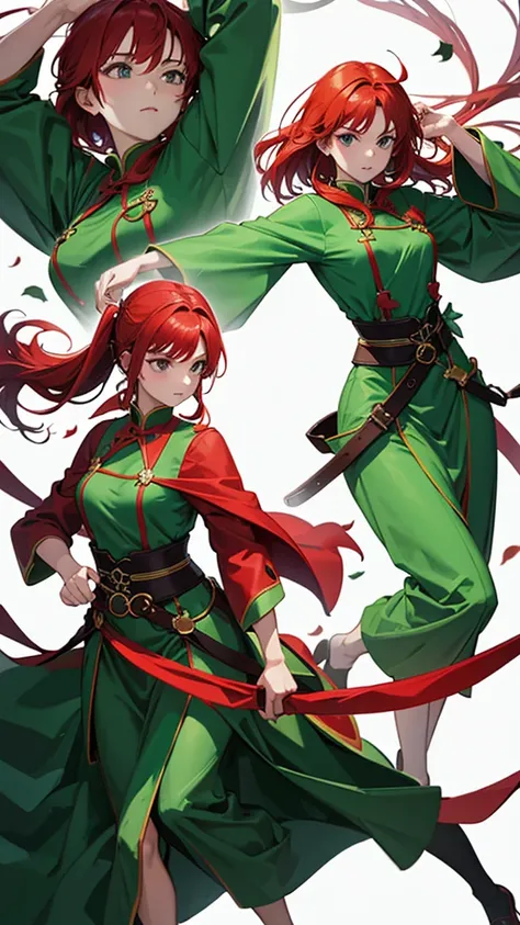 strong women, red hair, green robe, traveling swordsman, full body side view, view viewer, pure white background