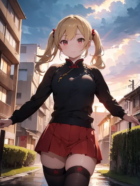 8k, Delicate image quality, best quality, (((blond twintails))), Red qipao, panty hose, 16 year  old Beautiful girl, masterpiece, best quality, ultra detailed, Photo taken from below, outdoors, storm, lightning, leg spread,