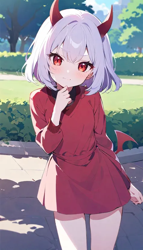 Teenage girl, devil girl, small red horns, white hair, short fluffy hair, big red eyes, pale skin, blushing cheeks, in a , red dress, in the park