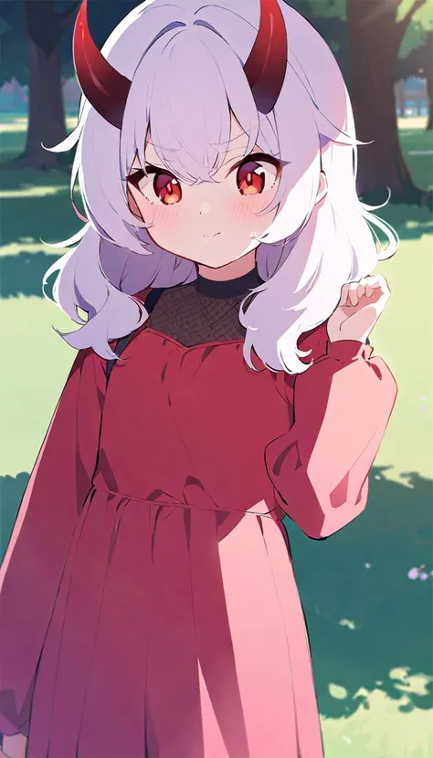 Teenage girl, devil girl, small red horns, white hair, short fluffy hair, big red eyes, pale skin, blushing cheeks, in a , red dress, in the park