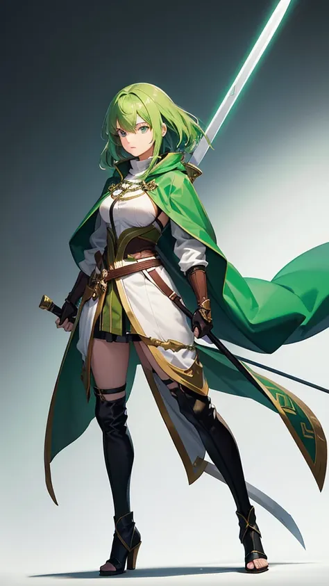 strong women, green hair, brown robes, female swordsman, full body side view, view viewer, pure white background