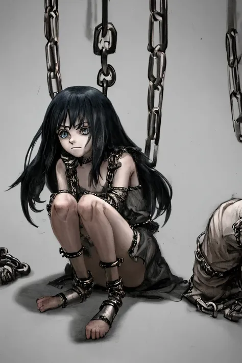 A drawing of a human base on their knees, with their wrists chained, looking ahead in fear, digital drawing half anime