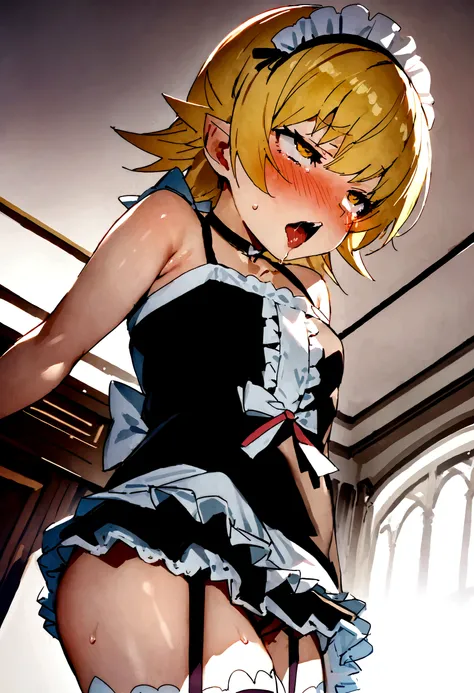 NSFW,masterpiece,Highest quality,High resolution,Super detailed,oshino shinobu (Bakemonogatari),Golden Eyes,Blonde,Quality maid clothes,Off the shoulder,cropped,Micro Mini Skirt,stockings,garter belt,Luxurious mansion,Oho face,Embarrassed,fear,blush,Leg sp...