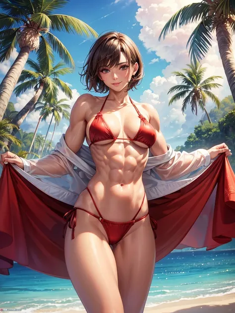 ,(best quality, ultra-detailed, realistic:1.37, masterpiece:1.2), woman, beautiful detailed eyes, beautiful detailed lips, brown hair tied up, smile,red micro bikini, (muscular body:1.1),slim figure, caustics, textile shading, toned body, clean abs, palm t...