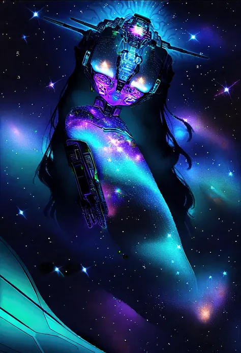 A mesmerizing Galactic Mermaid with sparkling star eyes, her appearance a blend of organic beauty and cybernetic enhancements. She floats gracefully in a dreamy, mysterious space environment. Her scales shimmer with very soft, iridescent colors, surrounded...